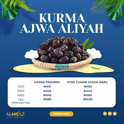 Senarai Harga Kurma Ajwa Aliah Alhijaz mengikut pax/kotak